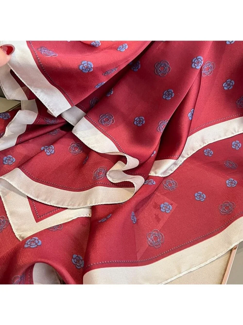 Women's Silk Red Lightweight Silk Scarves Flower Print Head Cotton Wrap Scarf